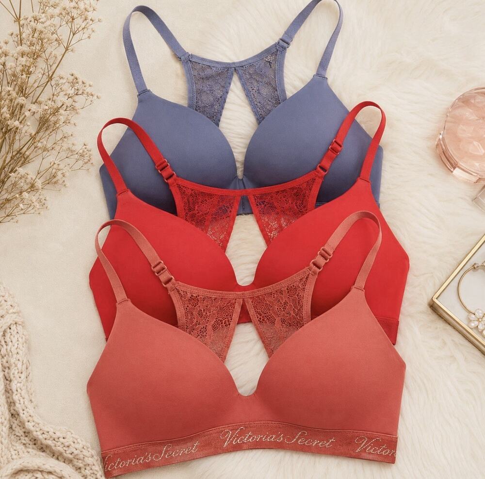 Victoria's Secret Lightly Lnd Wireless Racerback Bra Bdl 3 Sz 32D Gray Red Coral
